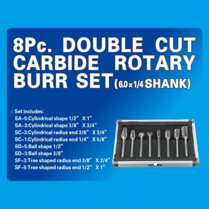 Carbide burr set in aluminum box set on 1/4 shank