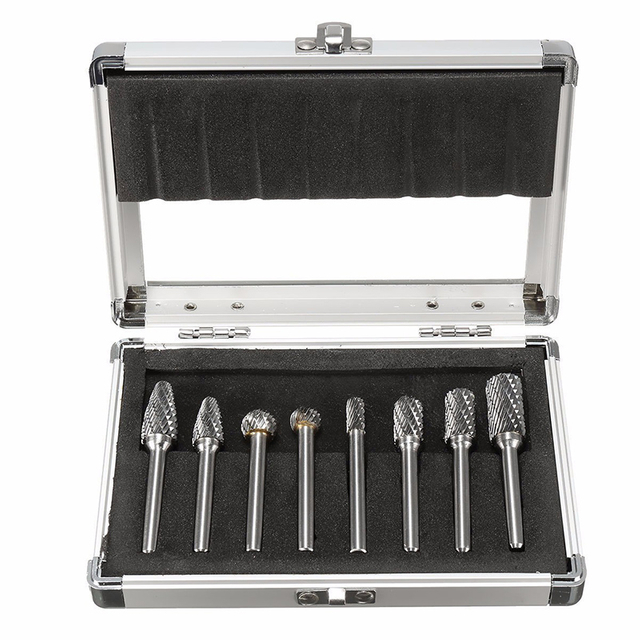 8PCS Carbide burr set in aluminum box set on 1/4" shank